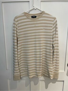 Express Men’s Beige and White Striped Waffle Knit Long Sleeve Henley